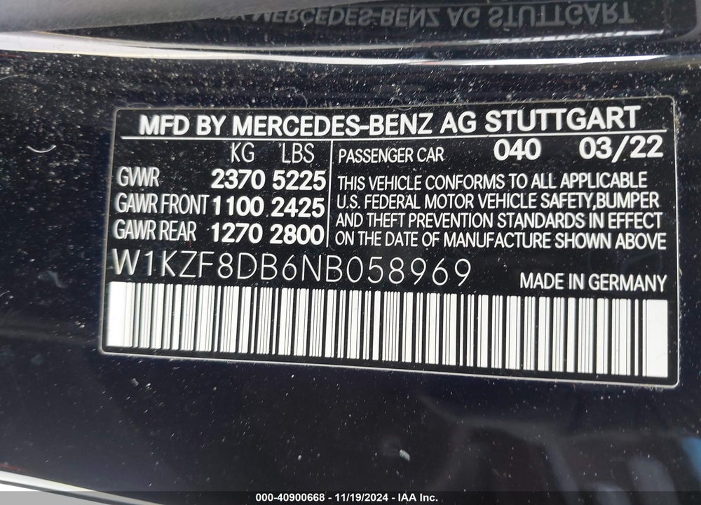 2022 MERCEDES-BENZ E 350 VIN: W1KZF8DB6NB058969