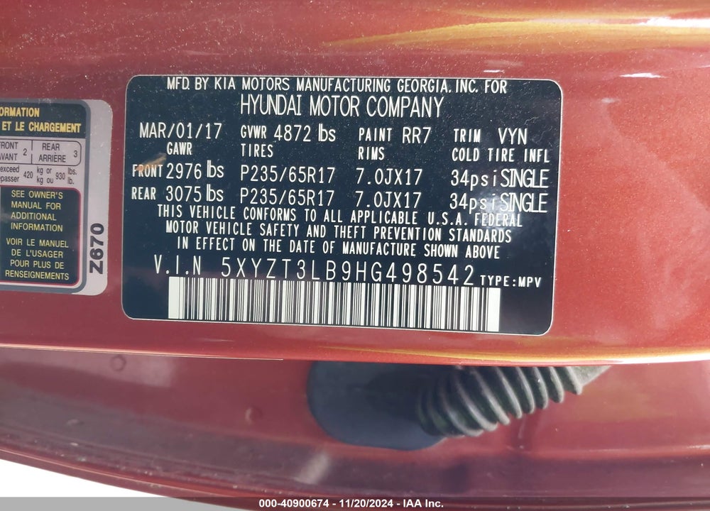 2017 HYUNDAI SANTA FE SPORT 2.4L VIN: 5XYZT3LB9HG498542