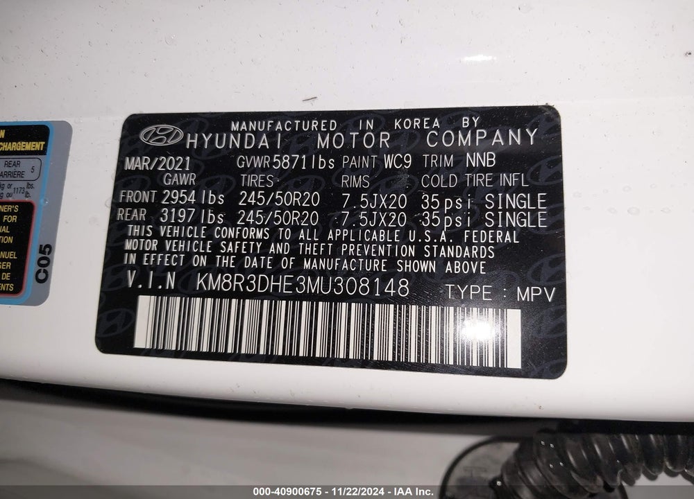 2021 HYUNDAI PALISADE SEL VIN: KM8R3DHE3MU308148