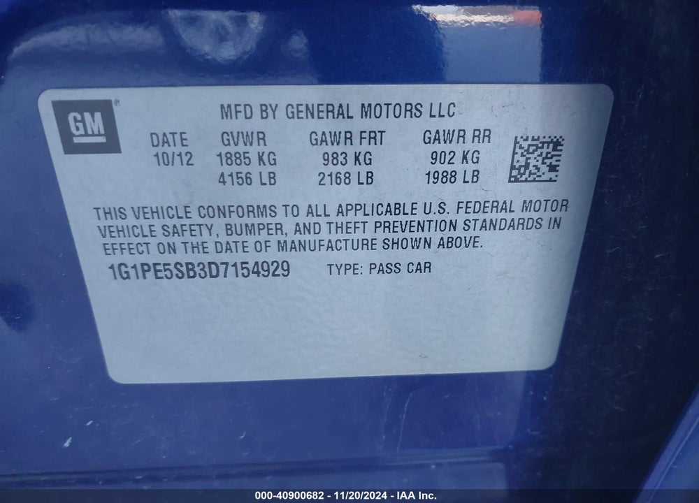 2013 CHEVROLET CRUZE 2LT AUTO VIN: 1G1PE5SB3D7154929