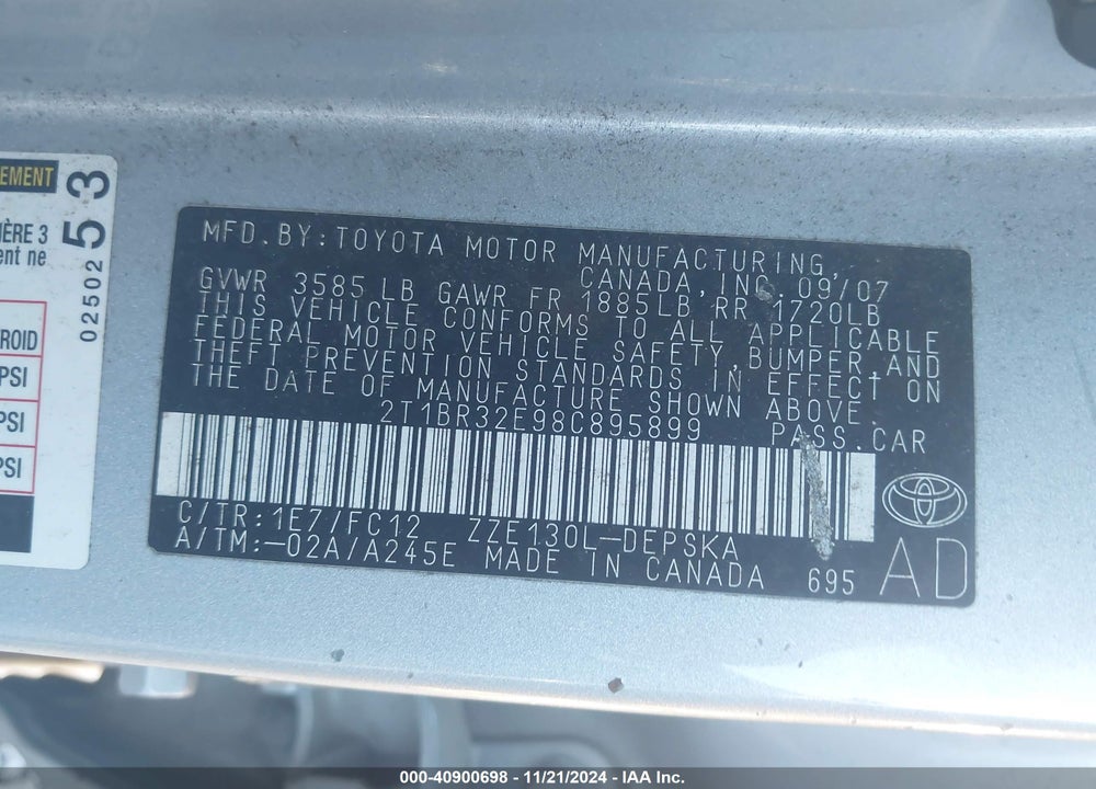 2008 TOYOTA COROLLA S VIN: 2T1BR32E98C895899