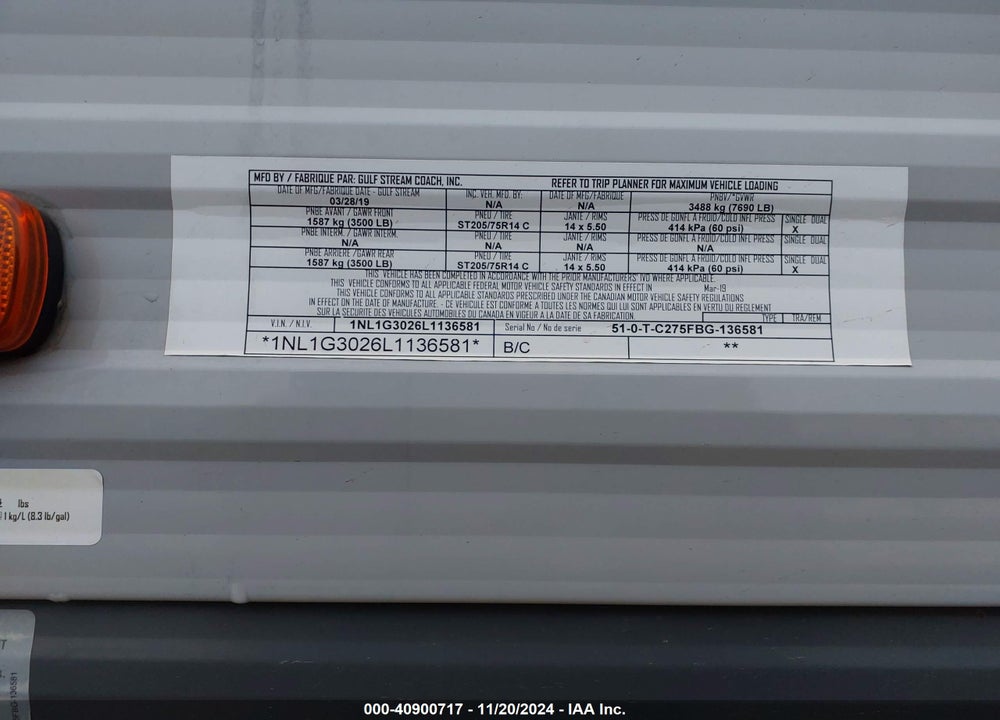 2020 GULFSTREAM OTHER VIN: 1NL1G3026L1136581