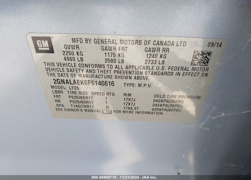 2015 CHEVROLET EQUINOX LS VIN: 2GNALAEK6F6146616