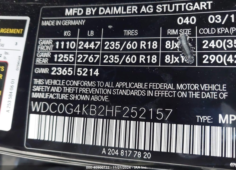 2017 MERCEDES-BENZ GLC 300 4MATIC VIN: WDC0G4KB2HF252157