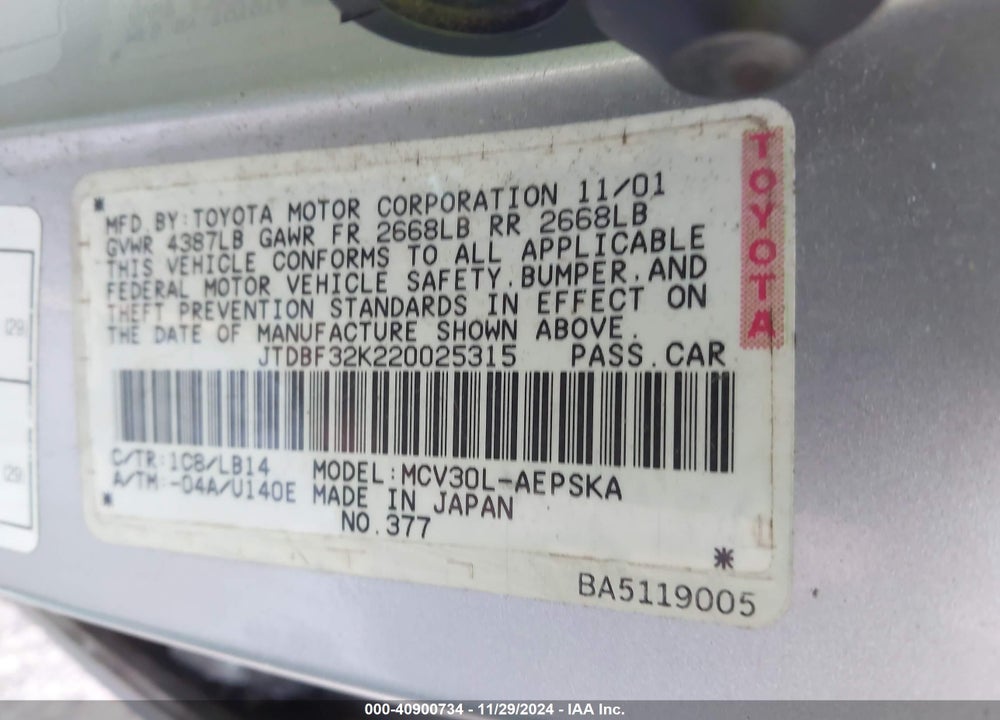 2002 TOYOTA CAMRY SE V6 VIN: JTDBF32K220025315