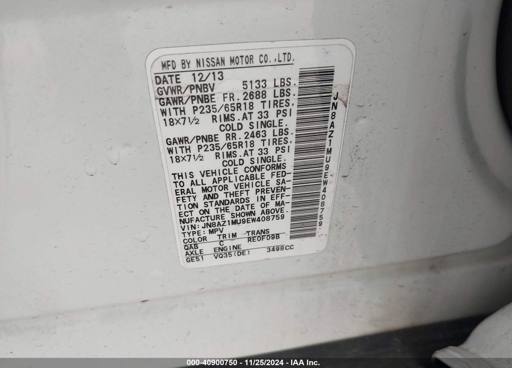 2014 NISSAN MURANO SL VIN: JN8AZ1MU9EW408759