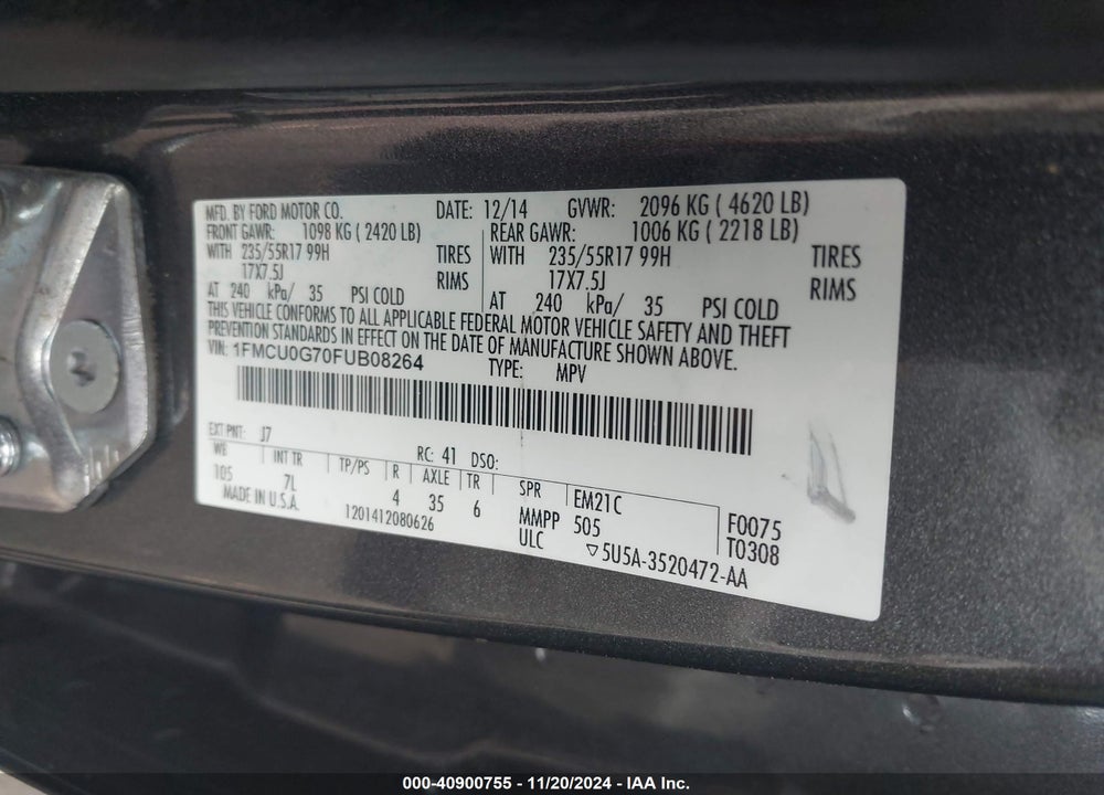 2015 FORD ESCAPE SE VIN: 1FMCU0G70FUB08264