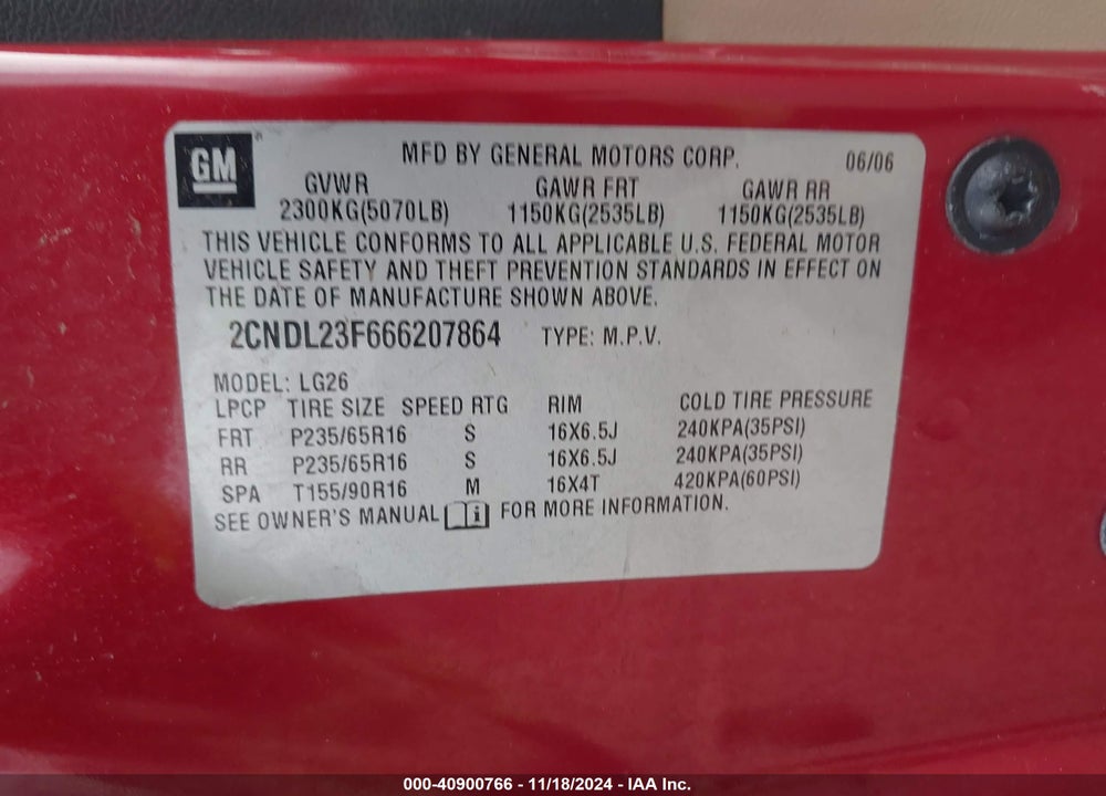 2006 CHEVROLET EQUINOX LS VIN: 2CNDL23F666207864