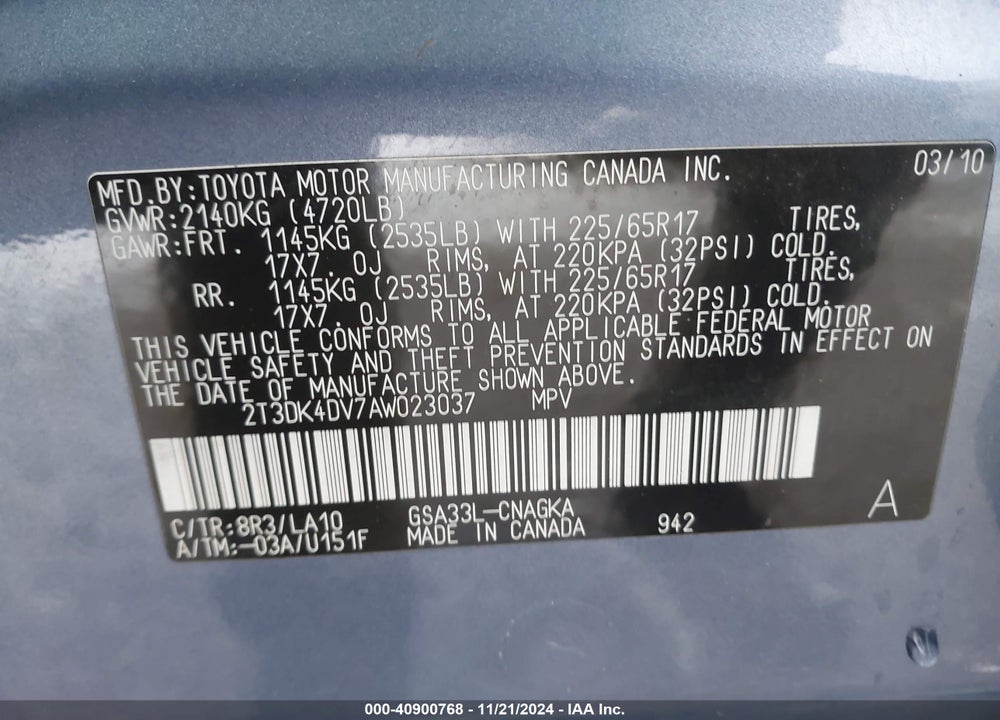2010 TOYOTA RAV4 LIMITED VIN: 2T3DK4DV7AW023037