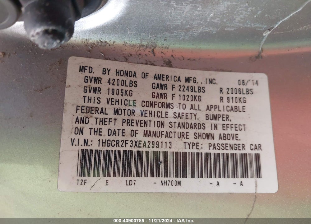 2014 HONDA ACCORD LX VIN: 1HGCR2F3XEA299113
