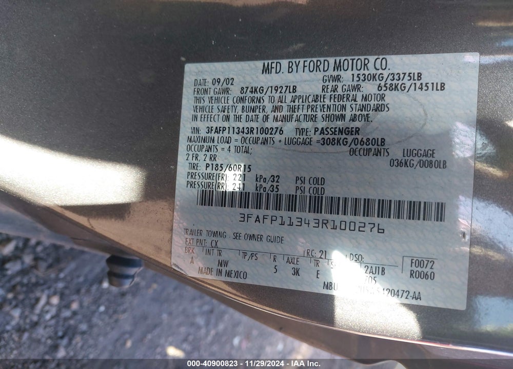 2003 FORD ZX2 VIN: 3FAFP11343R100276