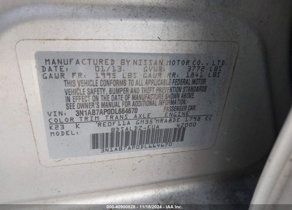2013 NISSAN SENTRA SV VIN: 3N1AB7AP0DL664670