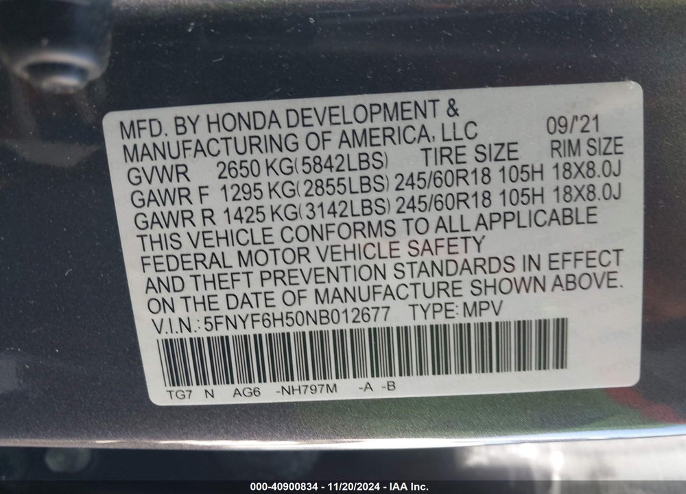 2022 HONDA PILOT AWD EX-L VIN: 5FNYF6H50NB012677