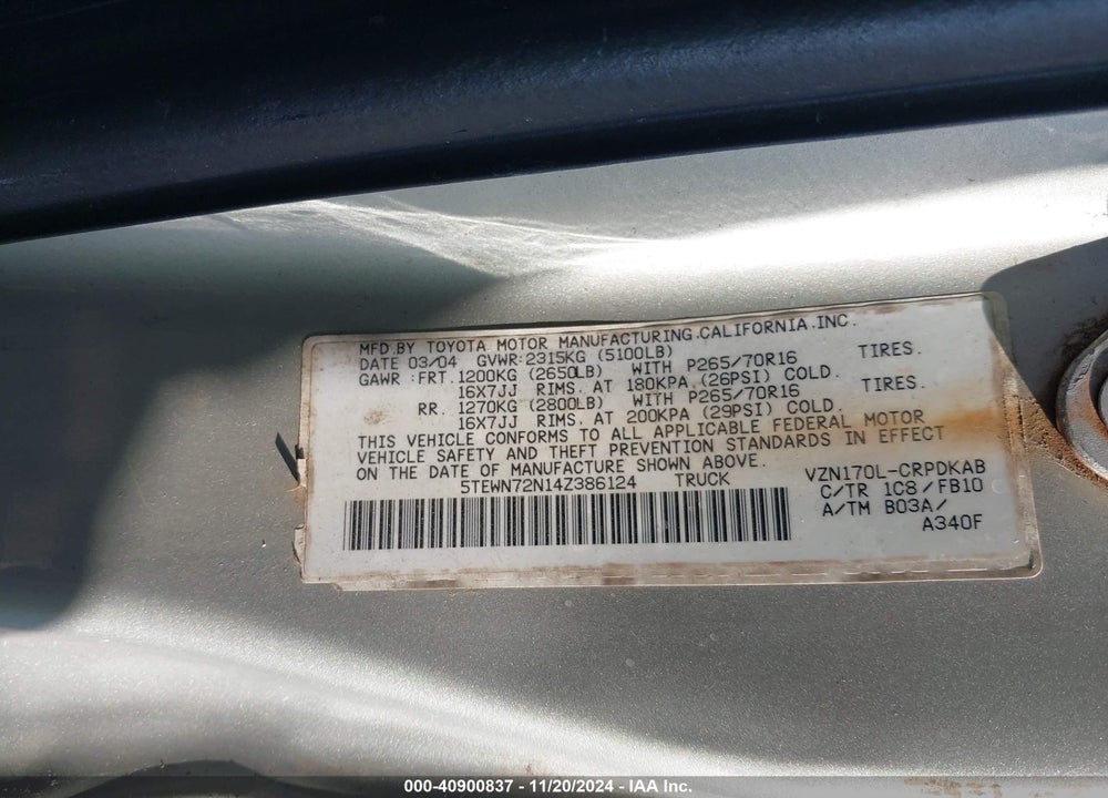 2004 TOYOTA TACOMA BASE V6 VIN: 5TEWN72N14Z386124