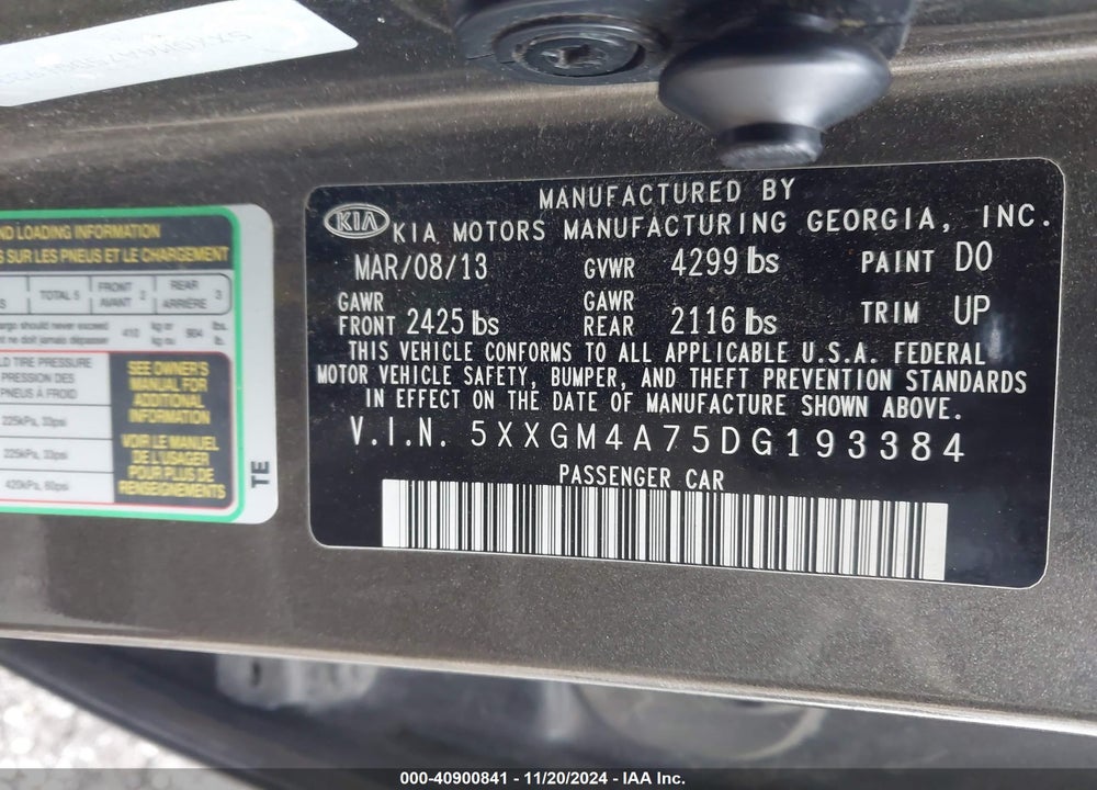 2013 KIA OPTIMA LX VIN: 5XXGM4A75DG193384