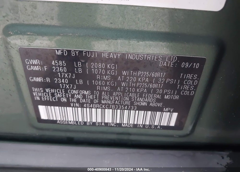 2011 SUBARU OUTBACK 2.5I LIMITED VIN: 4S4BRCKC7B3354733