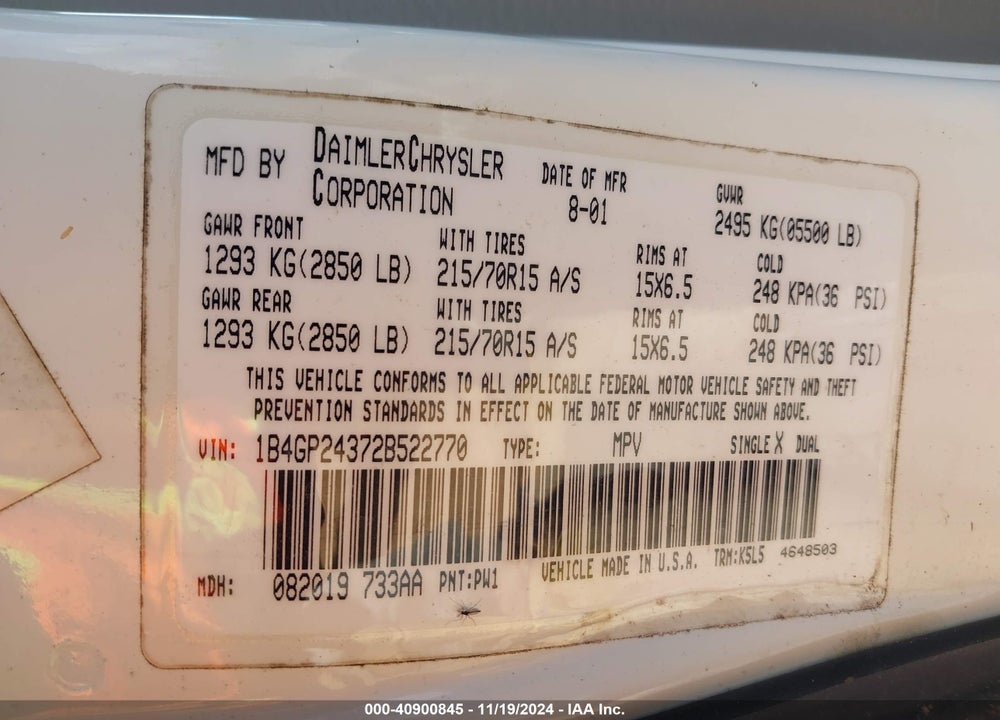 2002 DODGE GRAND CARAVAN SE VIN: 1B4GP24372B522770