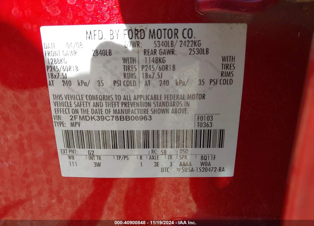2008 FORD EDGE LIMITED VIN: 2FMDK39C78BB06963