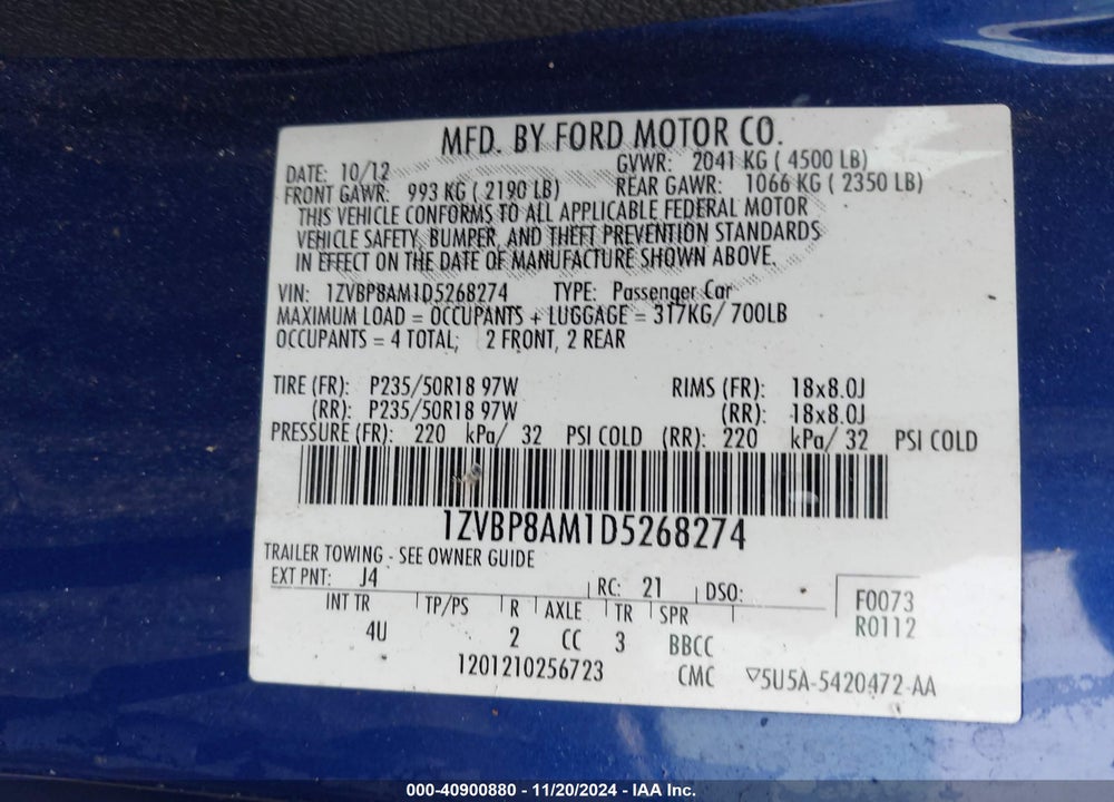 2013 FORD MUSTANG V6 PREMIUM VIN: 1ZVBP8AM1D5268274