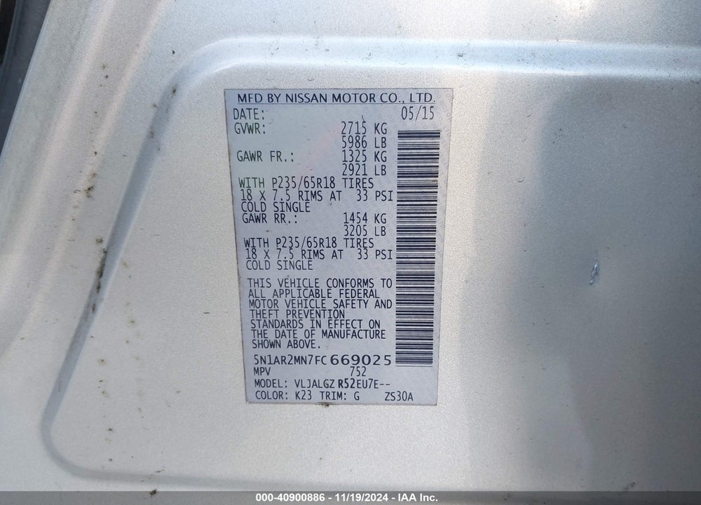 2015 NISSAN PATHFINDER SL VIN: 5N1AR2MN7FC669025