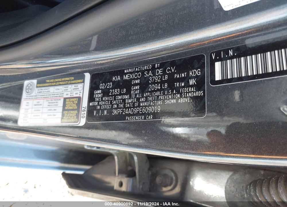 2023 KIA FORTE LXS VIN: 3KPF24AD9PE609019
