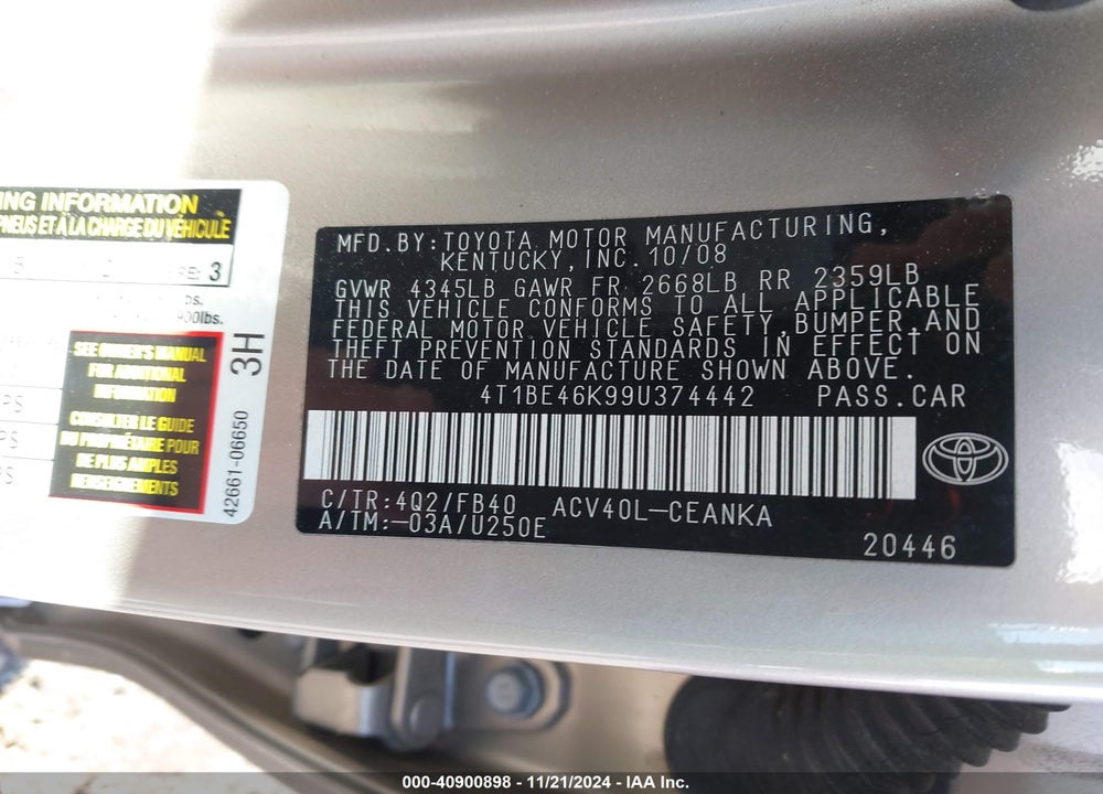 2009 TOYOTA CAMRY VIN: 4T1BE46K99U374442