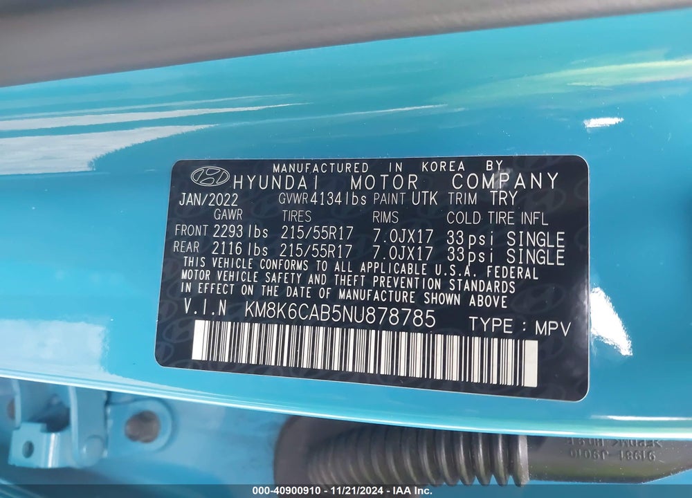 2022 HYUNDAI KONA SEL VIN: KM8K6CAB5NU878785
