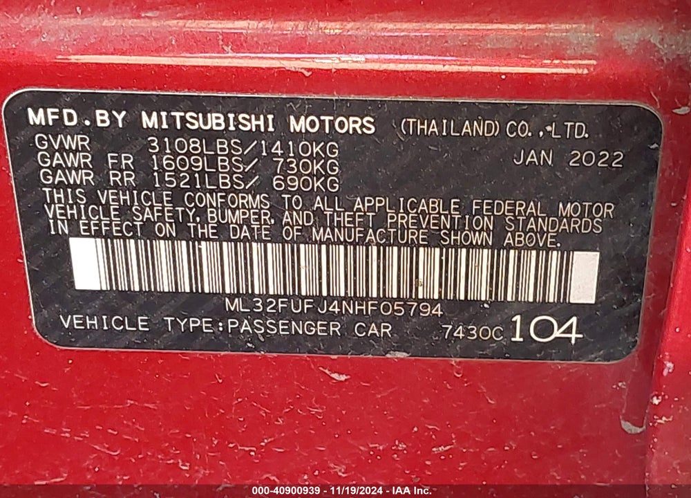 2022 MITSUBISHI MIRAGE G4 BLACK EDITION/ES/LE VIN: ML32FUFJ4NHF05794
