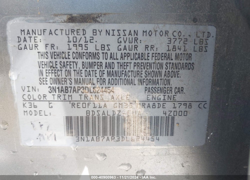 2013 NISSAN SENTRA SV VIN: 3N1AB7AP3DL624454