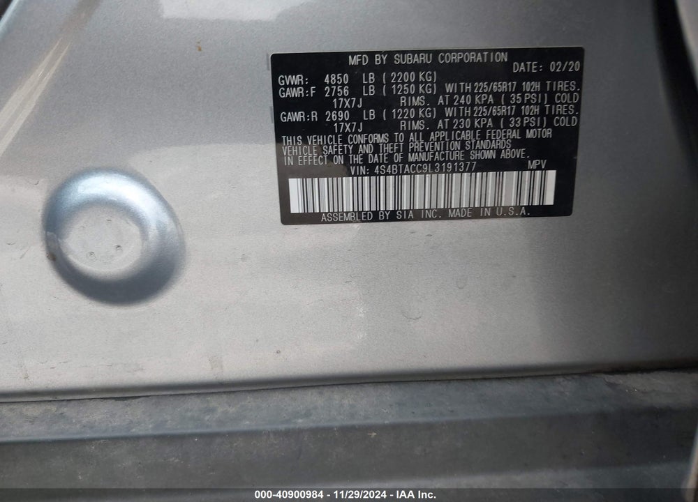 2020 SUBARU OUTBACK PREMIUM VIN: 4S4BTACC9L3191377