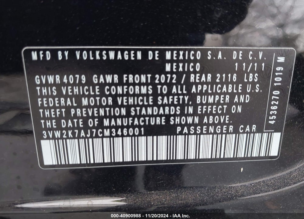 2012 VOLKSWAGEN JETTA 2.0L S VIN: 3VW2K7AJ7CM346001