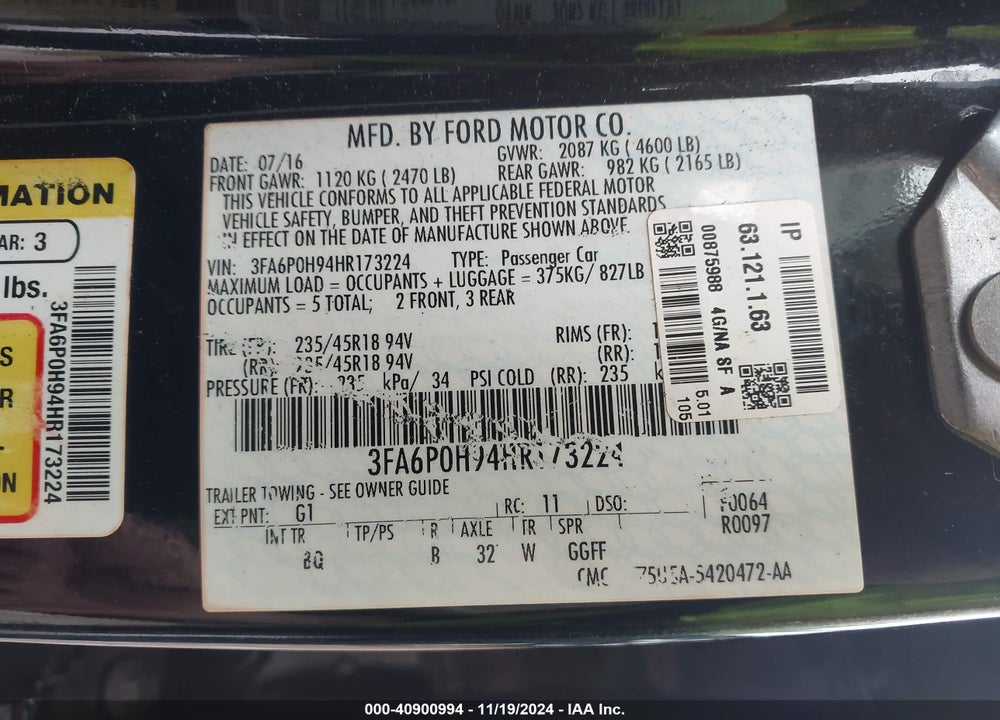2017 FORD FUSION SE VIN: 3FA6P0H94HR173224