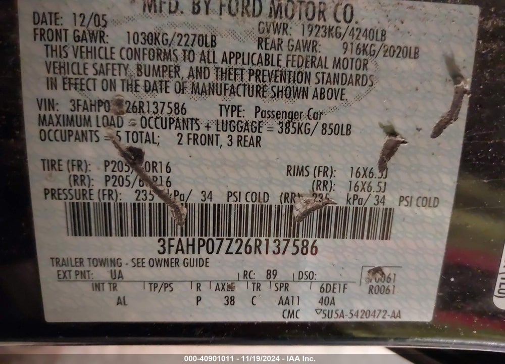 2006 FORD FUSION SE VIN: 3FAHP07Z26R137586