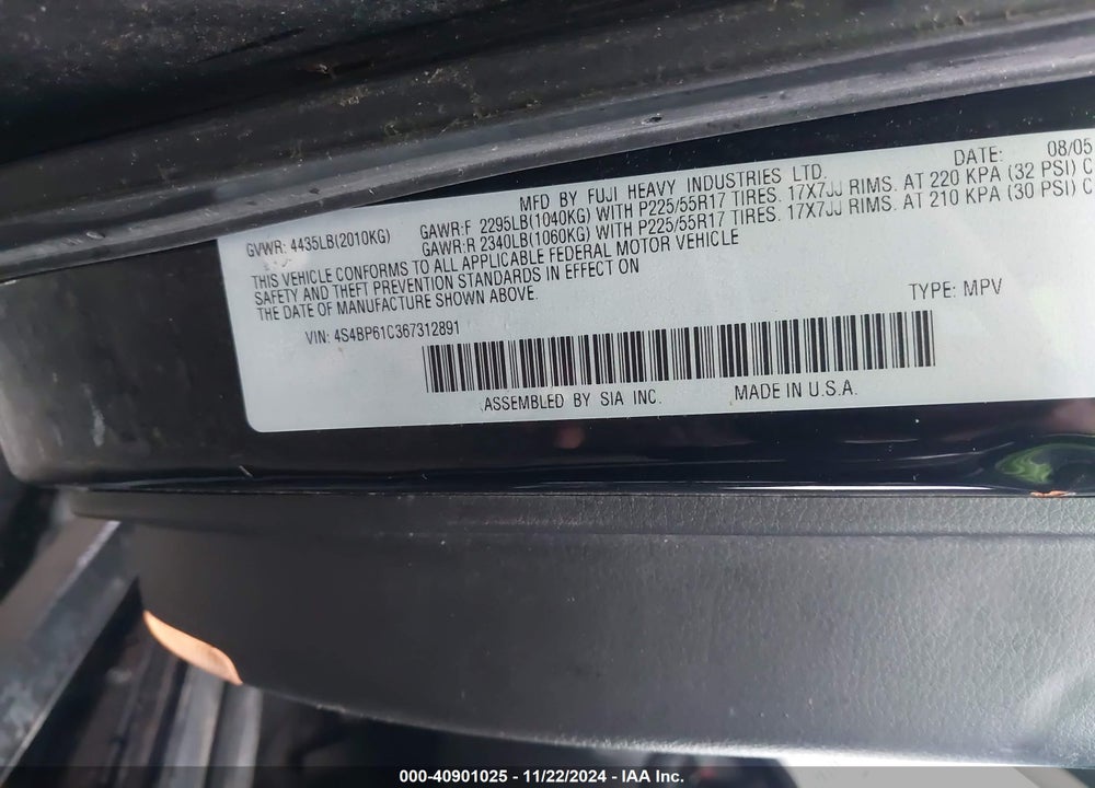 2006 SUBARU OUTBACK 2.5I VIN: 4S4BP61C367312891