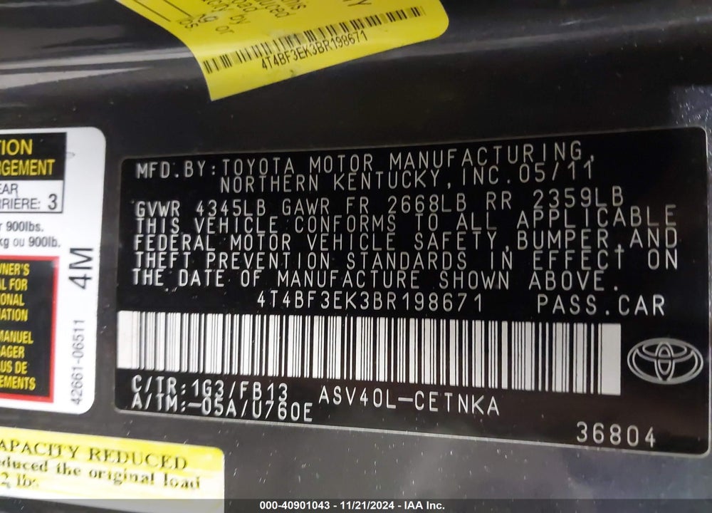 2011 TOYOTA CAMRY LE VIN: 4T4BF3EK3BR198671