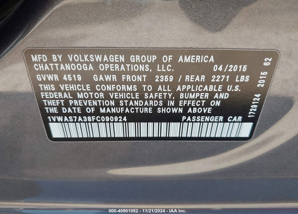 2015 VOLKSWAGEN PASSAT 1.8T LIMITED EDITION VIN: 1VWAS7A38FC090924