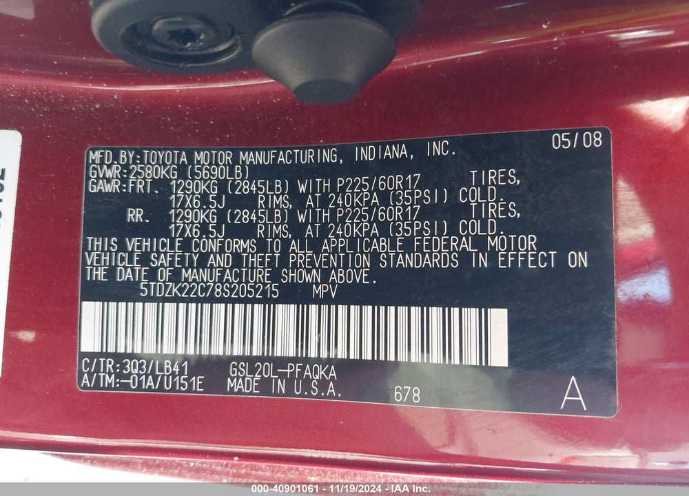 2008 TOYOTA SIENNA LIMITED VIN: 5TDZK22C78S205215