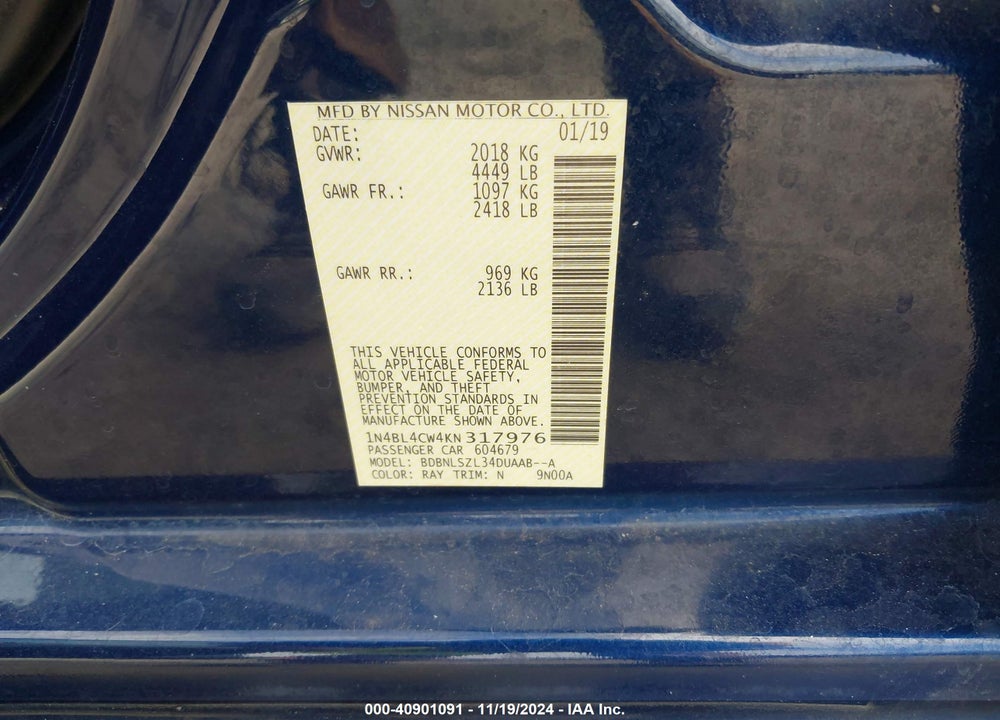 2019 NISSAN ALTIMA VIN: 1N4BL4CW4KN317976