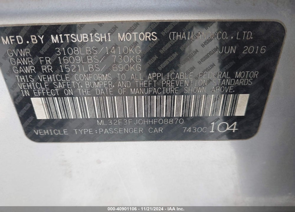 2017 MITSUBISHI MIRAGE G4 ES VIN: ML32F3FJ0HHF08870