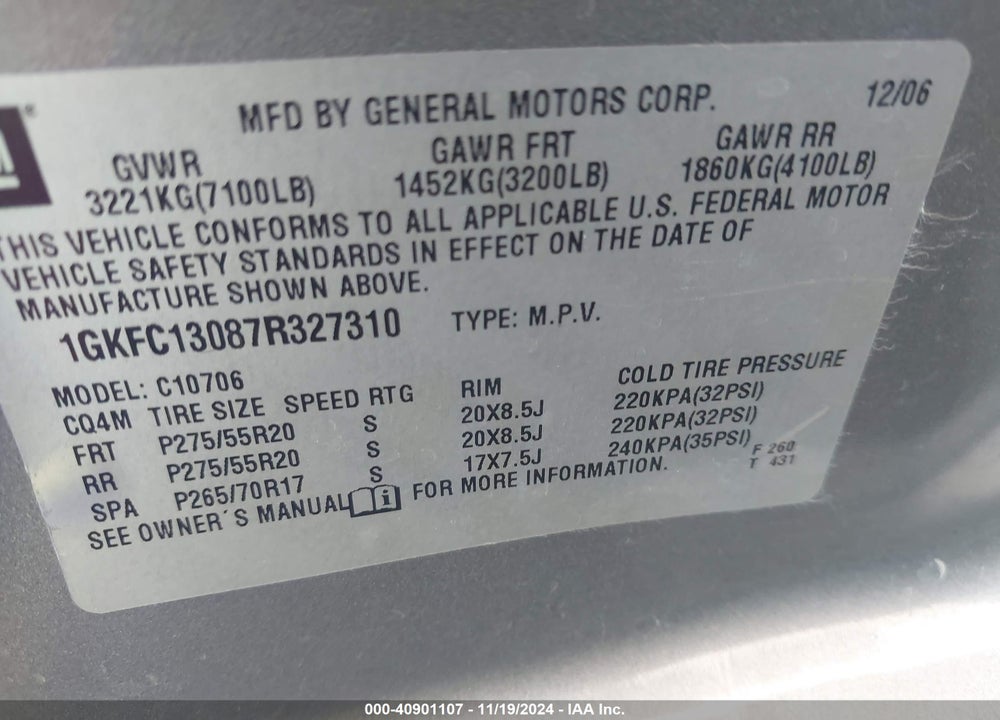 2007 GMC YUKON SLT VIN: 1GKFC13087R327310