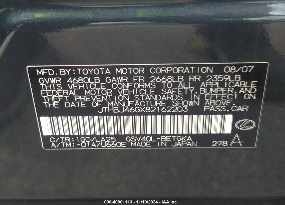 2008 LEXUS ES 350 VIN: JTHBJ46GX82162203