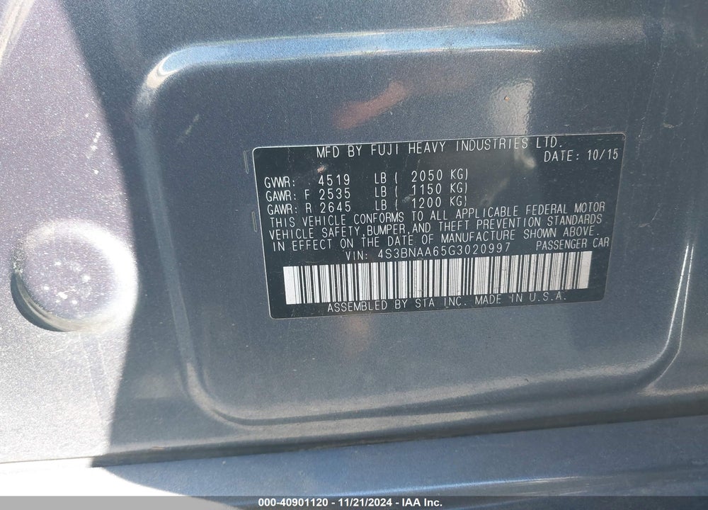 2016 SUBARU LEGACY VIN: 4S3BNAA65G3020997