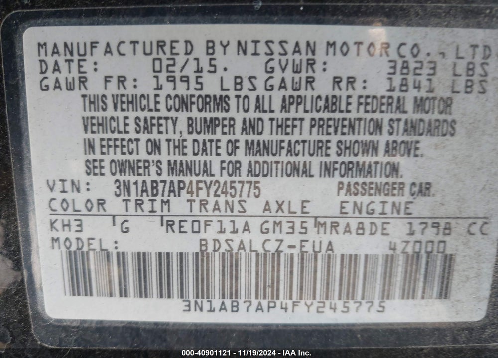2015 NISSAN SENTRA FE+ S/S/SL/SR/SV VIN: 3N1AB7AP4FY245775
