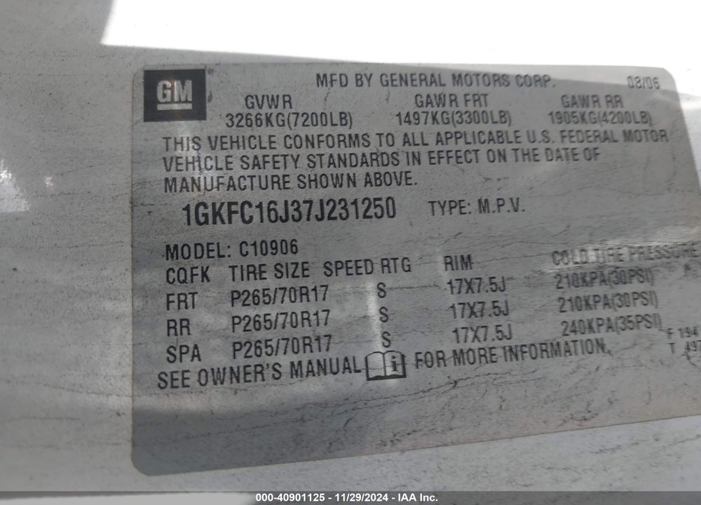 2007 CHEVROLET TAHOE LT VIN: 1GNFC13J67R102251