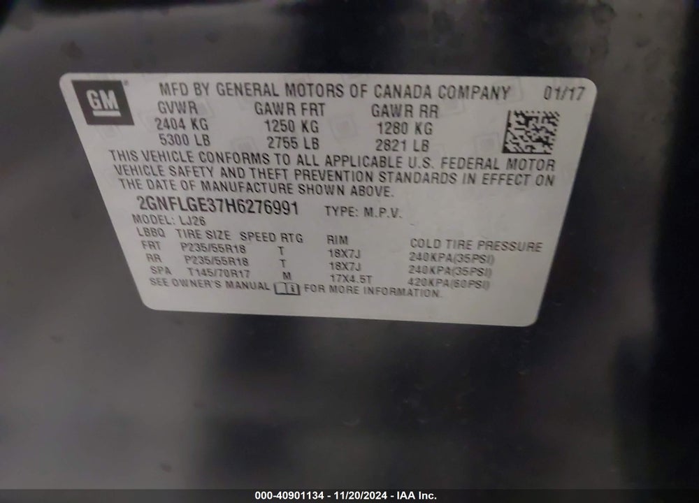 2017 CHEVROLET EQUINOX PREMIER VIN: 2GNFLGE37H6276991