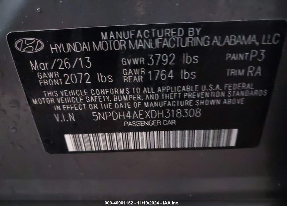 2013 HYUNDAI ELANTRA VIN: 5NPDH4AEXDH318308