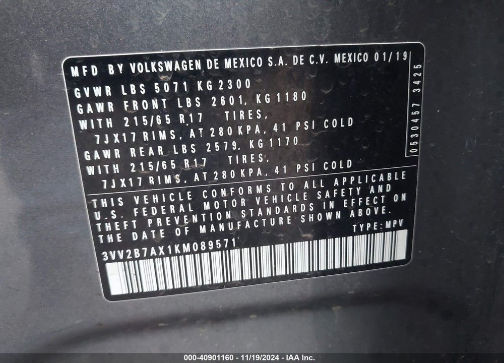 2019 VOLKSWAGEN TIGUAN 2.0T SE/2.0T SEL/2.0T SEL R-LINE/2.0T SEL R-LINE BLACK VIN: 3VV2B7AX1KM089571