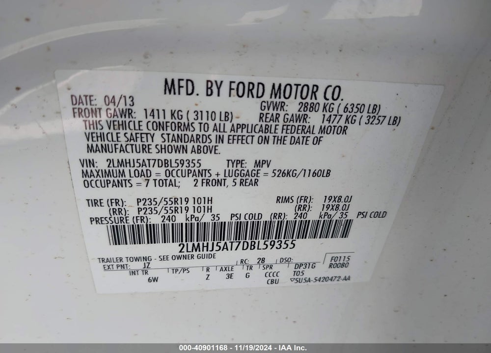 2013 LINCOLN MKT ECOBOOST VIN: 2LMHJ5AT7DBL59355