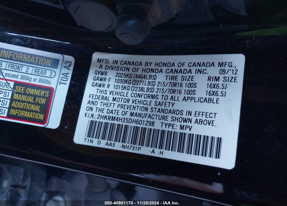 2013 HONDA CR-V LX VIN: 2HKRM4H35DH601298