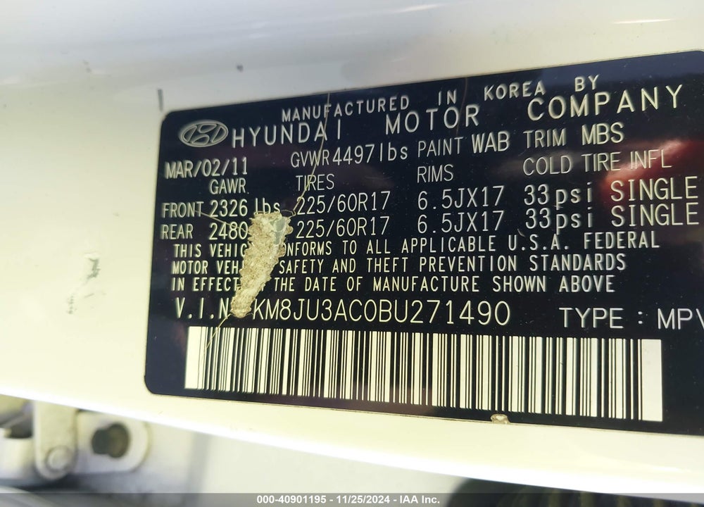 2011 HYUNDAI TUCSON GLS VIN: KM8JU3AC0BU271490